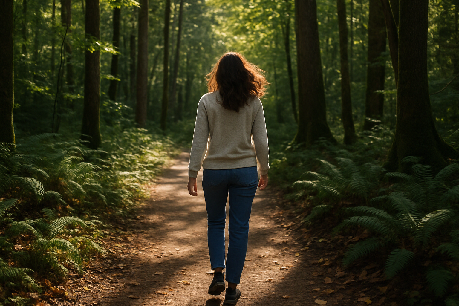 create real life photo of a woman walking in the forest