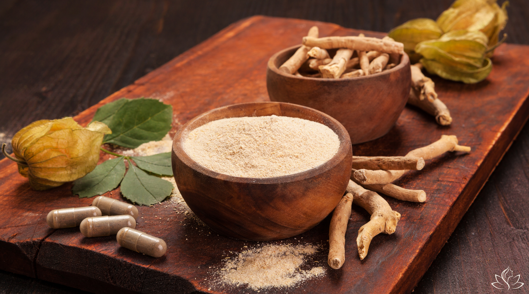 Triphala herbal supplement displayed as dried roots, powder, and capsules on a wooden surface, symbolizing traditional and modern Ayurvedic practices.