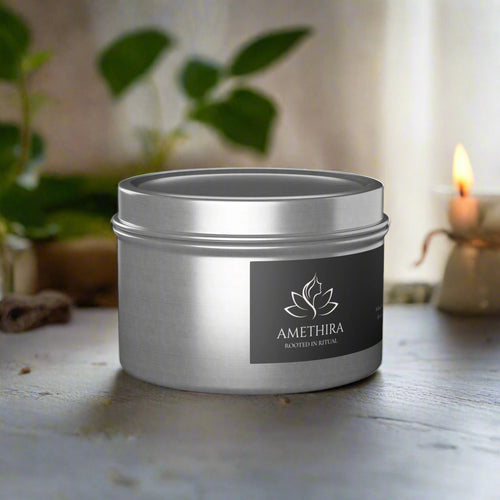 Silver tin with black label featuring 'Amethira' brand on a white background