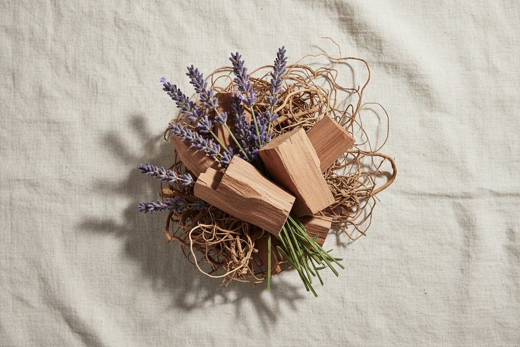 linen background and then also arrange the lavender sandalwood and vetiver roots closer to each other