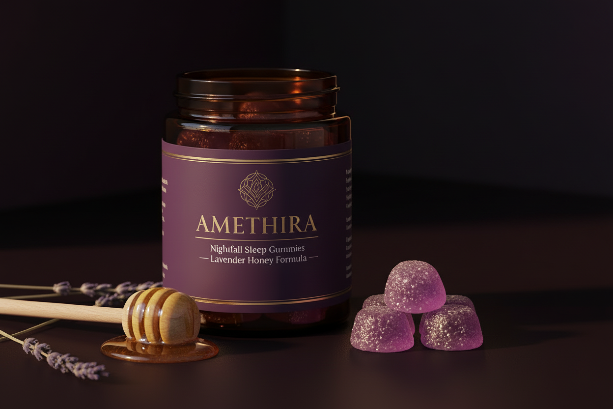 Nightfall Sleep Gummies Hero Mockup v3 — Dark