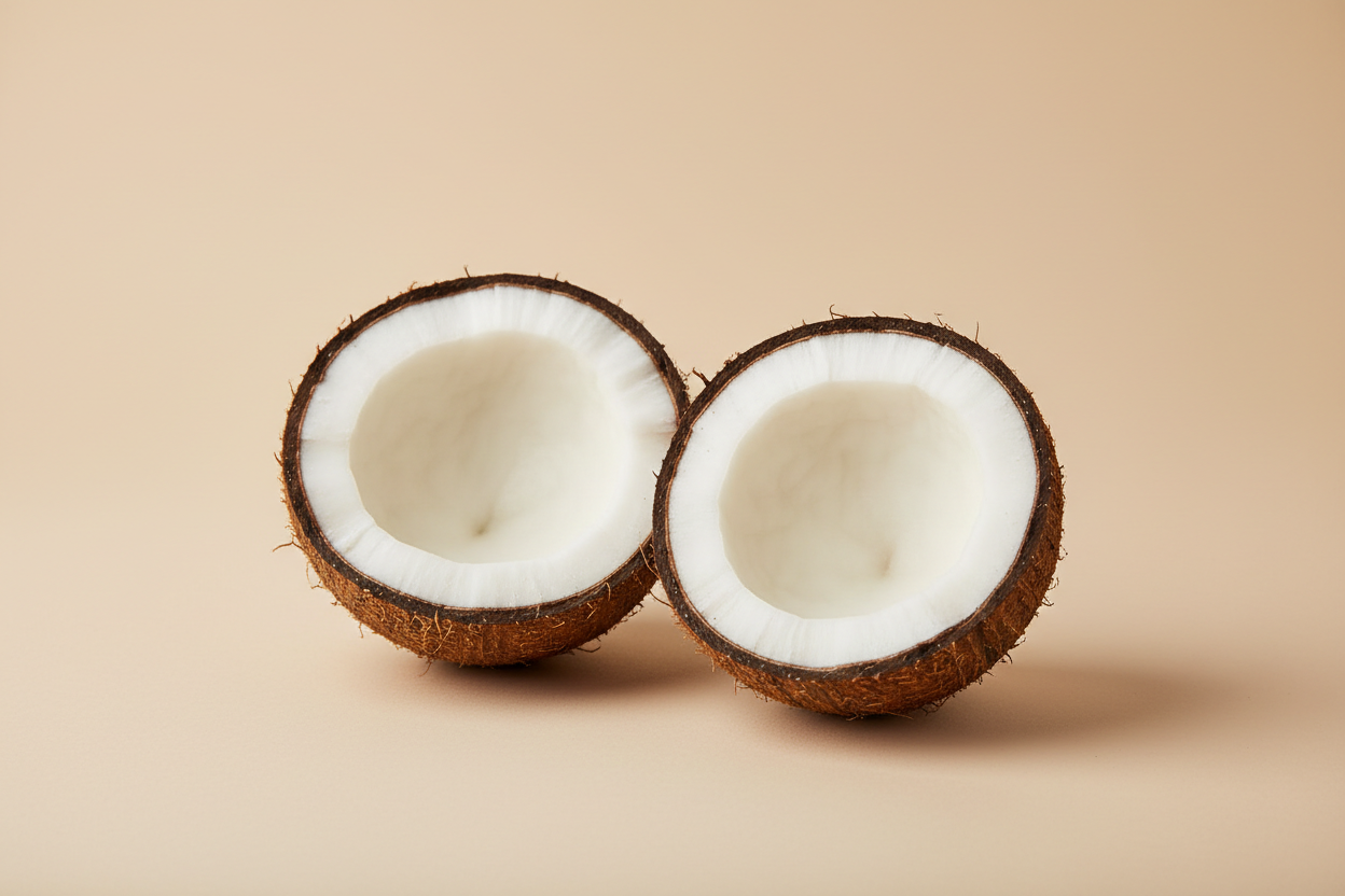 split coconut in a neutral backdrop