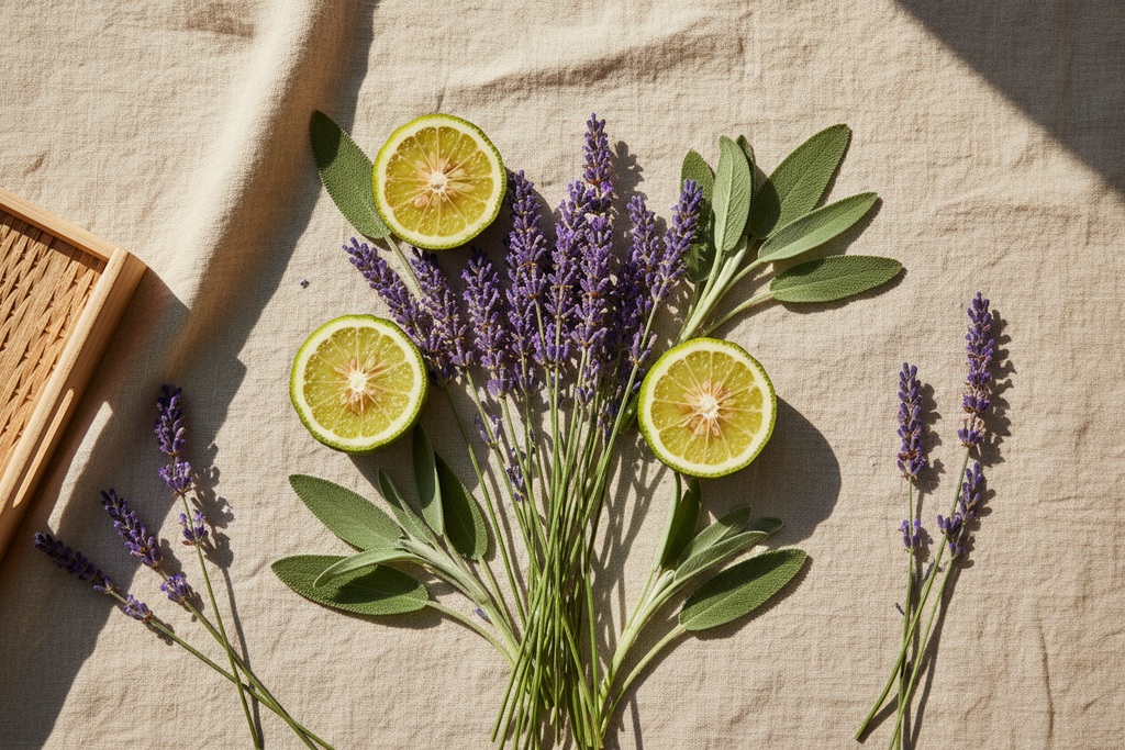 Top-down flat lay of fresh lavender sprigs, bergamot fruit slices, and clary sage leaves on a warm beige or light wooden surface. Soft natural light, cozy textures like linen or wood, warm and restorative mood, calming and nurturing aesthetic.