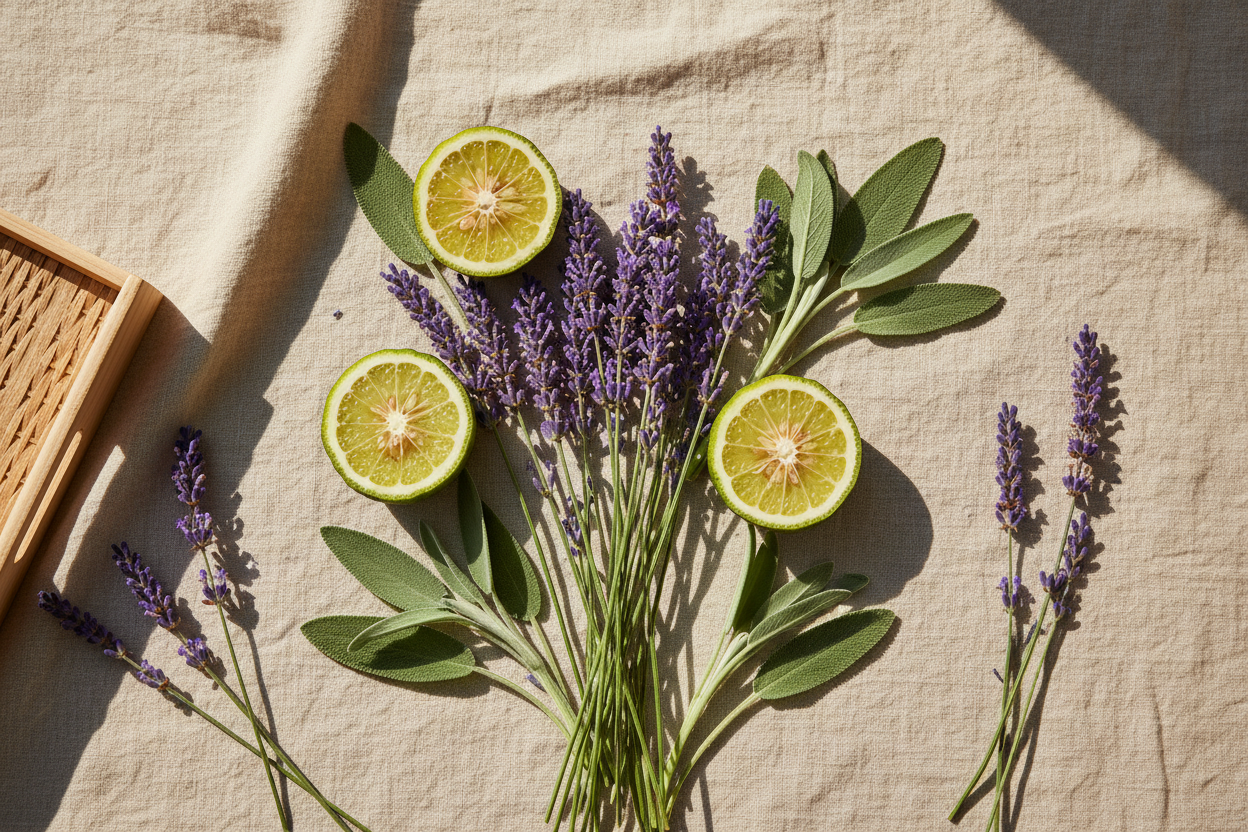 Top-down flat lay of fresh lavender sprigs, bergamot fruit slices, and clary sage leaves on a warm beige or light wooden surface. Soft natural light, cozy textures like linen or wood, warm and restorative mood, calming and nurturing aesthetic.