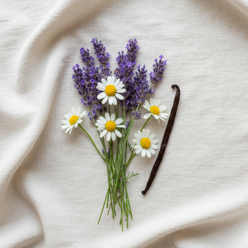 Top-down flat lay of fresh lavender sprigs, chamomile flowers, and a vanilla bean on a soft off-white background. Soft natural light, minimalistic, airy, gentle, and calming aesthetic. Cozy, serene, inviting, luxurious botanical vibe.