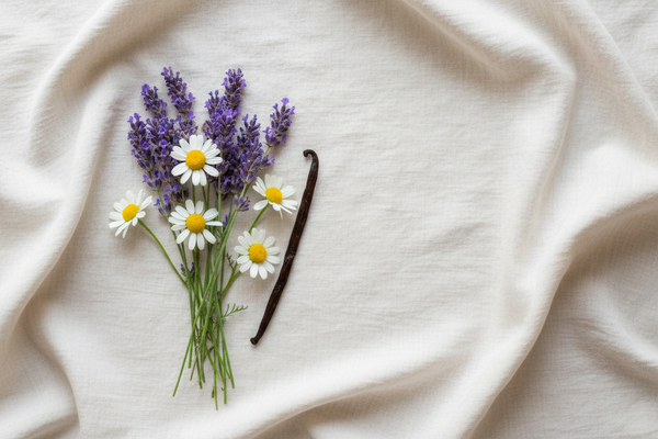 Top-down flat lay of fresh lavender sprigs, chamomile flowers, and a vanilla bean on a soft off-white background. Soft natural light, minimalistic, airy, gentle, and calming aesthetic. Cozy, serene, inviting, luxurious botanical vibe.