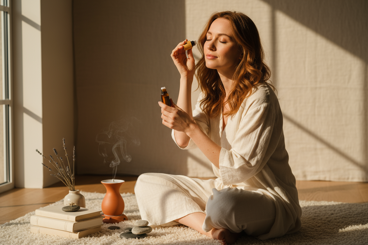woman using essential oil roll-on in a meditative state with soft warm lighting. Serene and emotionally engaging